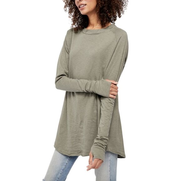 WE THE FREE Arden Tee Sz XS Sage Green Raglan Sleeve Oversized Slub Knit Cotton - Picture 3 of 12